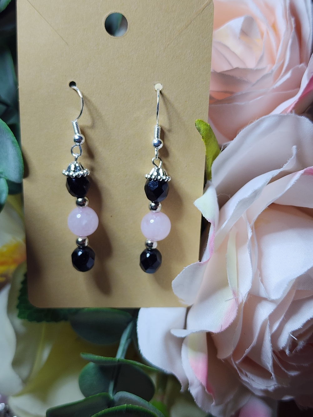 Hand Crafted Drop Earrings With Rose Quartz and Black Glass Beads